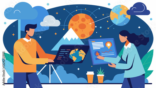 Meteorologists eagerly examine their dynamic weather prediction models hoping to crack the code and make sense of the unpredictable weather patterns brewing in the atmosphere.. Vector illustration