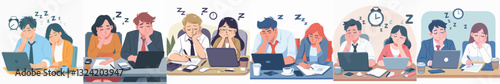 Vector of Man and woman sleeping while working