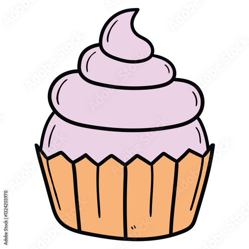 Hand drawn cartoon cupcake on white background.