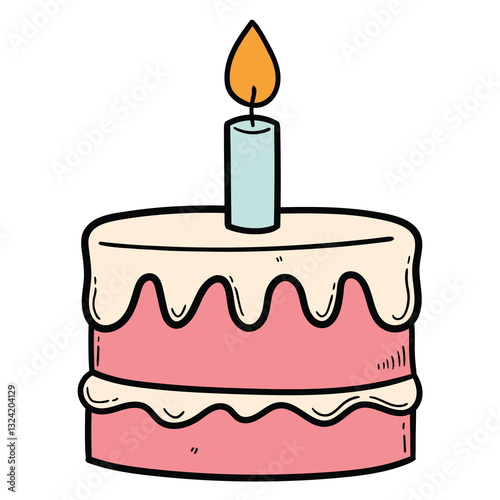 Hand drawn cartoon birthday cake with candle on white background.