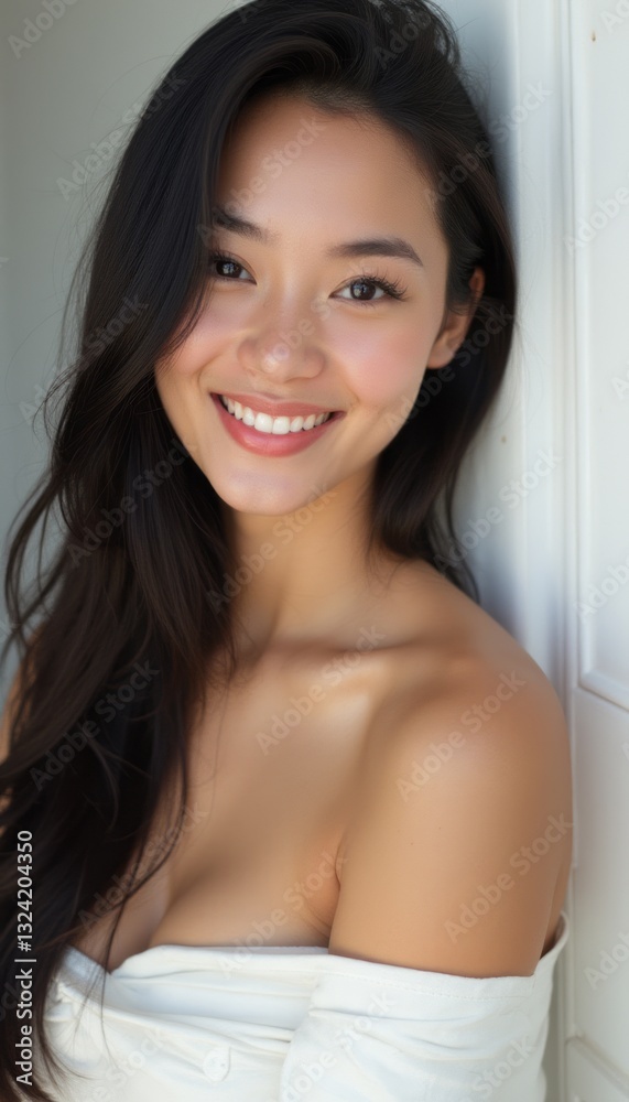 A beautiful young Asian woman leans against a light-colored wall, exuding warmth and confidence with her radiant smile. Her long, flowing hair frames her face, enhancing her natural beauty and A beautiful young Asian woman leans against a light-colored wall, exuding warmth and confidence with her radiant smile. Her long, flowing hair frames her face, enhancing her natural beauty and
