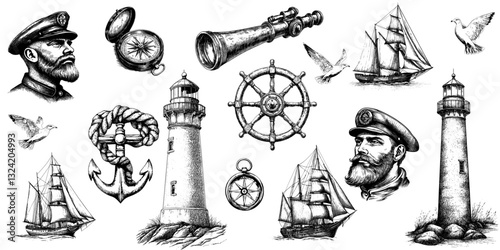 Detailed nautical sketches with sailors, ships, compass, and lighthouse illustrations, vintage style