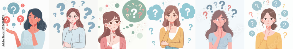 Vector of Young woman thinking with many questions Vector of Young woman thinking with many questions