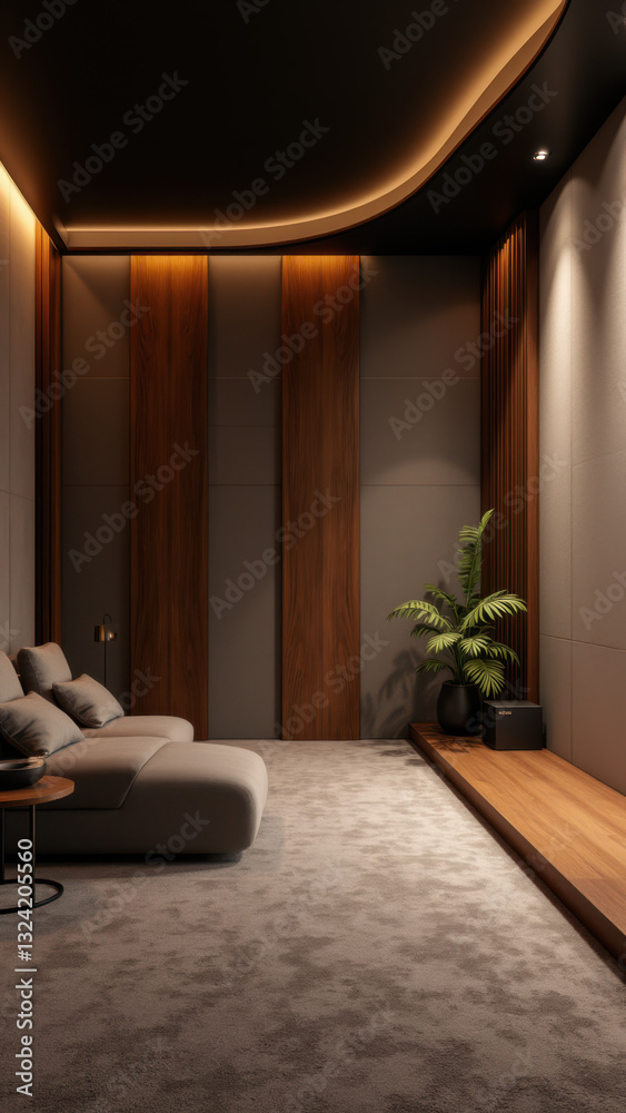 Fototapeta premium A modern living room with a dark ambiance featuring acoustic panels and wooden accents.