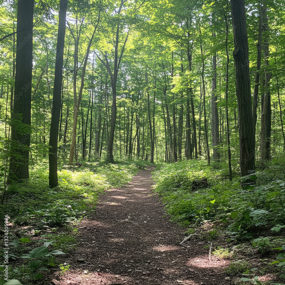 Fototapeta premium Forest path with lush trees and green foliage, light shining