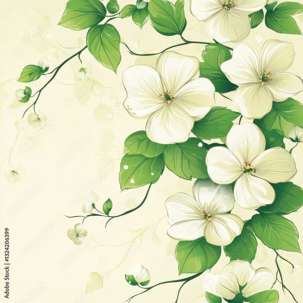 Fototapeta premium Beautiful white flowers with green leaves on soft pastel background create serene and calming atmosphere. This floral design is perfect for various decorative purposes