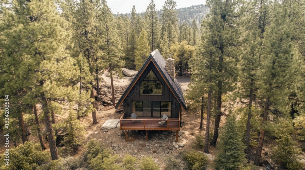 A-frame cabin nestled among towering pines, creating a serene retreat within nature A-frame cabin nestled among towering pines, creating a serene retreat within nature