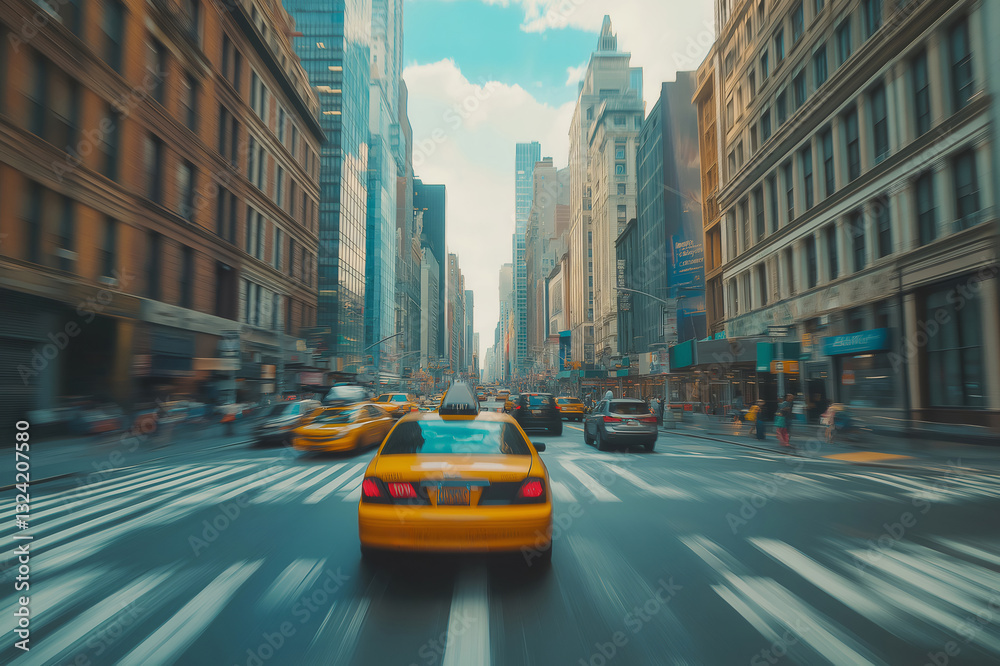 Naklejka premium Yellow taxi cab speeding through a bustling city street, capturing the essence of urban life with dynamic motion blur