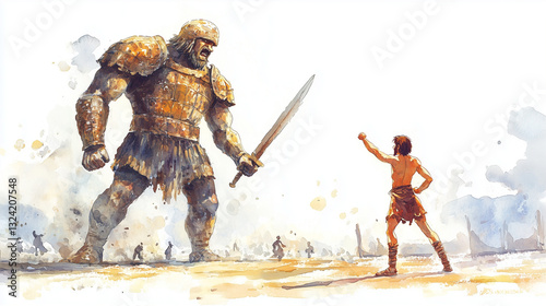 Watercolor Illustration of David Facing Goliath in Ancient Battle