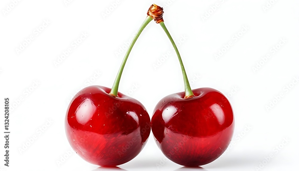 Close-Up of Glossy Ripe Cherries on White Background Close-Up of Glossy Ripe Cherries on White Background