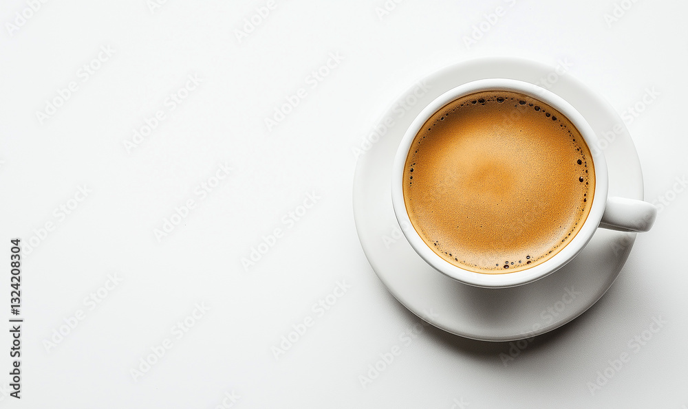 White cup of black coffee espresso with foam, white background, top views White cup of black coffee espresso with foam, white background, top views