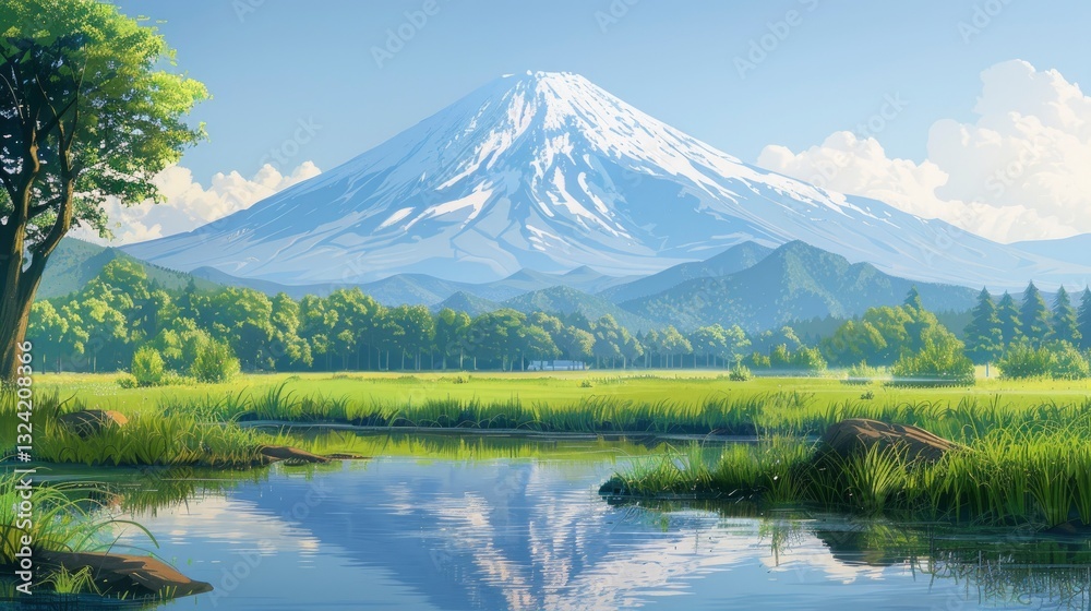 Serene landscape featuring a majestic mountain reflected in a tranquil lake surrounded by lush greenery Serene landscape featuring a majestic mountain reflected in a tranquil lake surrounded by lush greenery