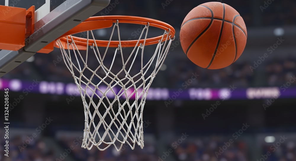 Basketball soars through the air towards the hoop in a vibrant stadium setting, ready to score Basketball soars through the air towards the hoop in a vibrant stadium setting, ready to score