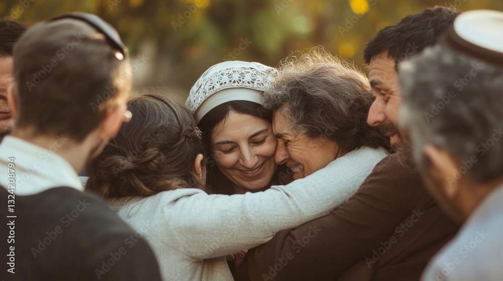 Fototapeta premium Heartwarming reunion of friends and family after breaking the Yom Kippur fast in a joyful outdoor setting