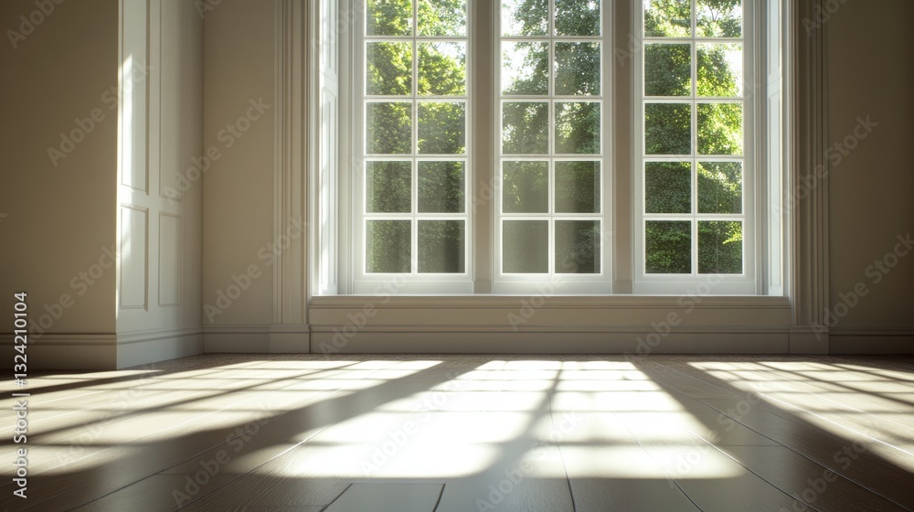 Obraz premium Natural sunlight through windows creates soft floor shadows ar 169