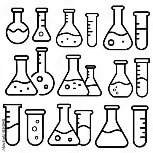 Chemical formula, Microscope and Medical analysis. Chemistry lab line icons. Laboratory test flask, reaction tube, chemistry lab icons. Linear set. Line icons set. Vector
