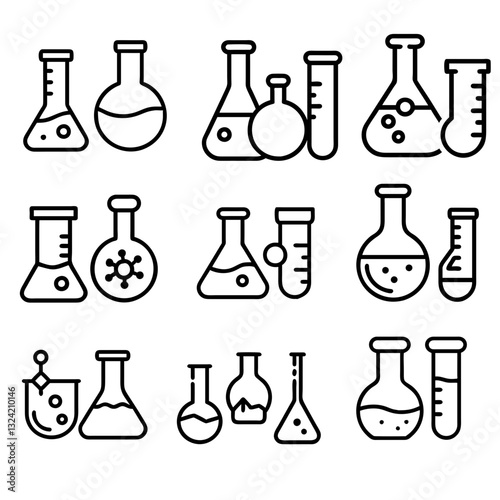 Chemical formula, Microscope and Medical analysis. Chemistry lab line icons. Laboratory test flask, reaction tube, chemistry lab icons. Linear set. Line icons set. Vector
