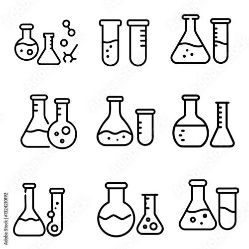 Chemical formula, Microscope and Medical analysis. Chemistry lab line icons. Laboratory test flask, reaction tube, chemistry lab icons. Linear set. Line icons set. Vector
