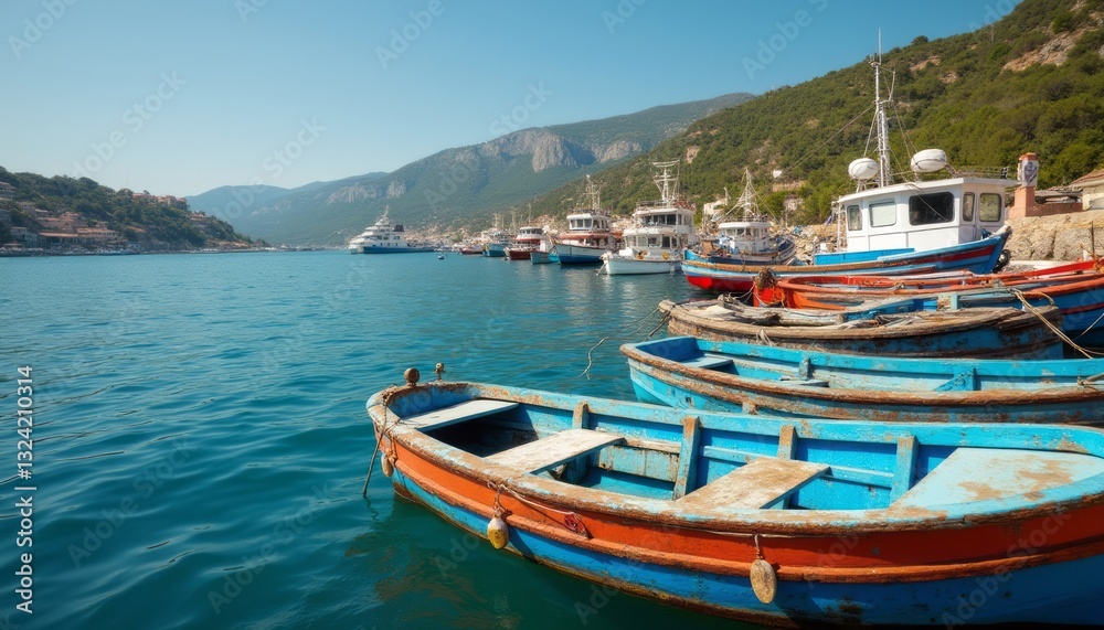 A picturesque scene of vibrant blue and orange fishing boats gently bobbing in a tranquil harbor, surrounded by lush green hills and distant mountains. The clear turquoise water reflects the stunning A picturesque scene of vibrant blue and orange fishing boats gently bobbing in a tranquil harbor, surrounded by lush green hills and distant mountains. The clear turquoise water reflects the stunning