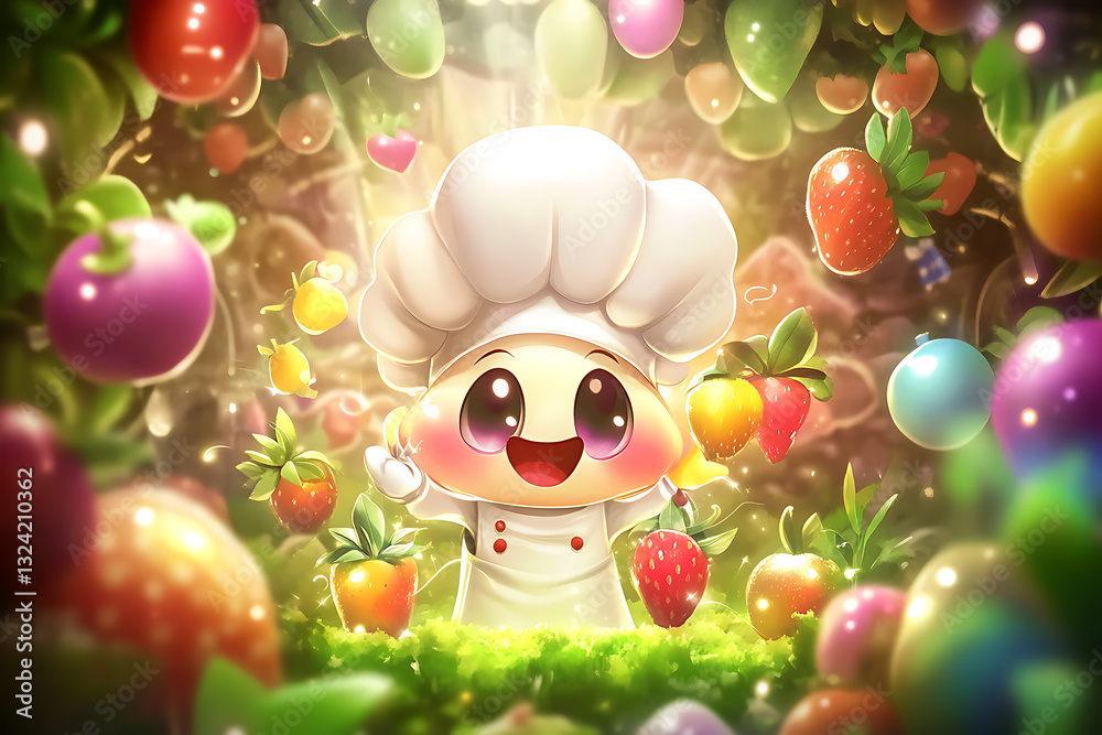 cartoon chef character wearing a large white chef's hat and a apron, surrounded by colorful floating fruits cartoon chef character wearing a large white chef's hat and a apron, surrounded by colorful floating fruits