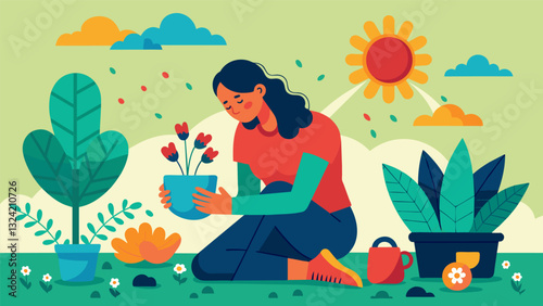 A woman struggling with chronic pain finds physical and emotional relief by spending time in her garden soaking up Vitamin D and getting her hands dirty.. Vector illustration