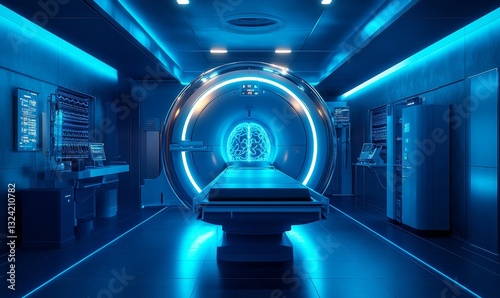 a futuristic medical examination room equipped with advanced scanning technology and a focus on innovation