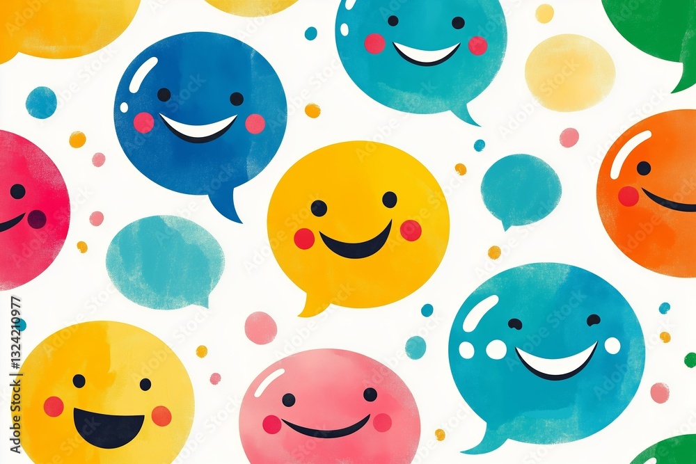 Colorful smiling speech bubbles illustration conveying joy and positivity Colorful smiling speech bubbles illustration conveying joy and positivity