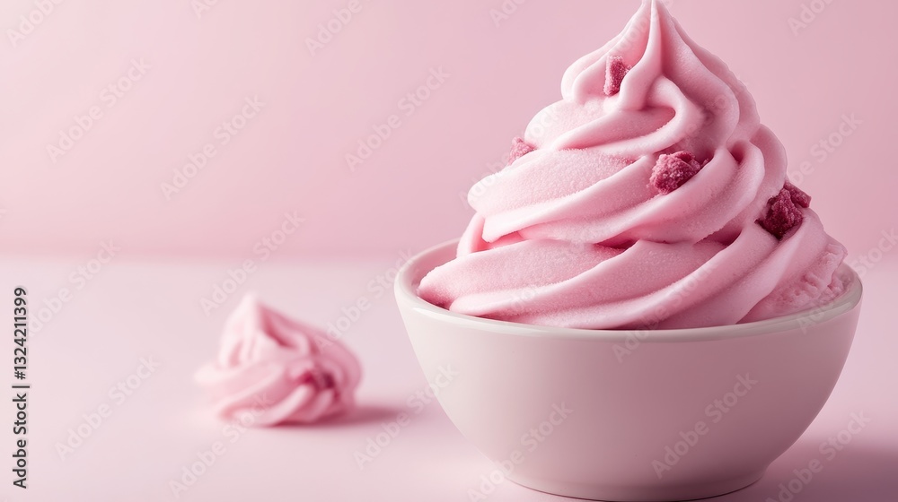 A creamy swirl of pink ice cream, adorned in a delicate pastel bowl, sits invitingly on a soft, pastel background, a picture of sweet simplicity. A creamy swirl of pink ice cream, adorned in a delicate pastel bowl, sits invitingly on a soft, pastel background, a picture of sweet simplicity.