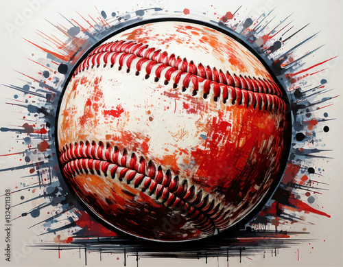 Watercolor baseball ball painting, Baseball ball with red seams vector illustration. American team sports game inventory. Active leisure 3d object on grunge background	