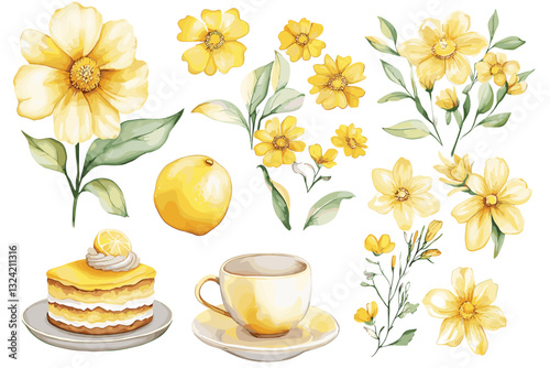 set of tea and flowers generative AI