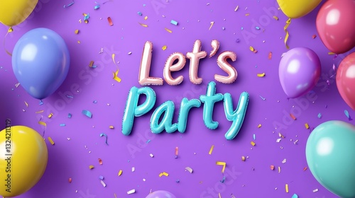 Enjoy colorful balloon decorations with the inviting headline Let’s Party against a bright purple background for festive celebrations