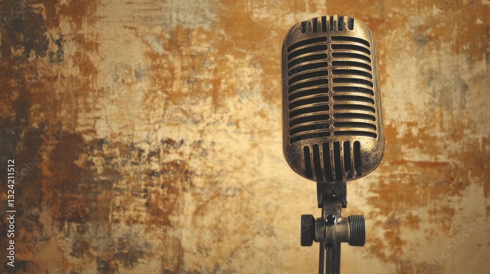 Fototapeta premium Vintage microphone stands against a rustic, textured background, evoking nostalgia and a timeless atmosphere for musical performances
