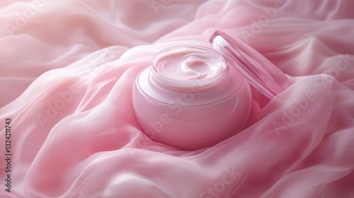 A delicate pink cream jar nestled on a plush pink fabric, its lid slightly ajar, inviting the viewer to touch its creamy surface and envision the softness of the fabric. Gentle waves of pink and
