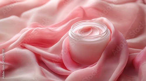 A delicate pink cream jar nestled on a plush pink fabric, its lid slightly ajar, inviting the viewer to touch its creamy surface and envision the softness of the fabric. Gentle waves of pink and