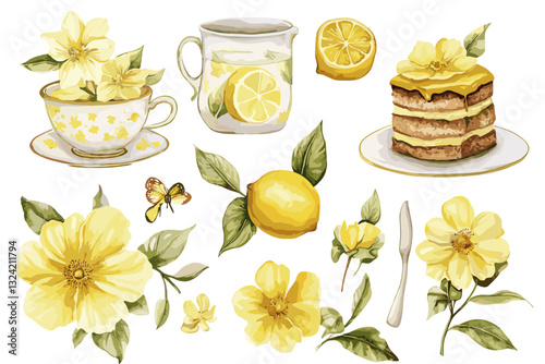set of tea and flowers generative AI