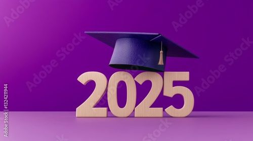 Graduation cap on wooden numbers 2025 set against a vibrant purple background for Class of 2025 celebrations