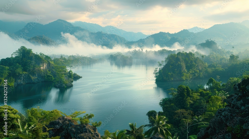 Serene landscape of misty mountains surrounding a tranquil lake at dawn, showcasing lush greenery Serene landscape of misty mountains surrounding a tranquil lake at dawn, showcasing lush greenery