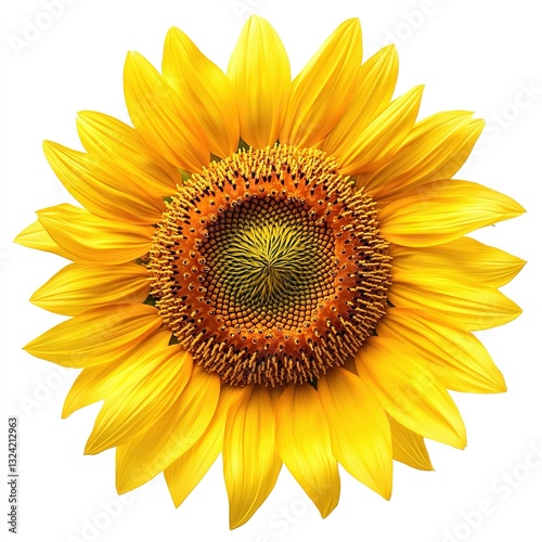 Vibrant yellow sunflower blossom isolated on white.