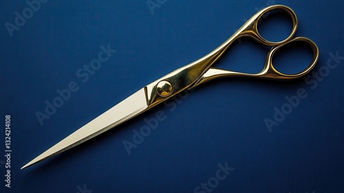 A pair of golden-handled scissors, their sharp blades gleaming, rest against a vibrant, deep blue backdrop, ready to cut through the world s fabric.