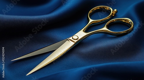 A pair of golden-handled scissors, their sharp blades gleaming, rest against a vibrant, deep blue backdrop, ready to cut through the world s fabric.
