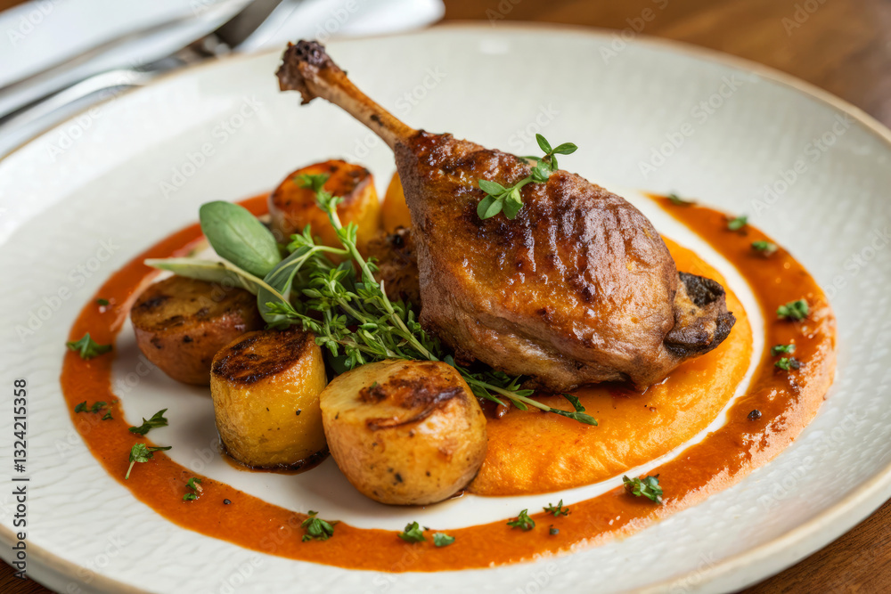 Gourmet Duck Leg Served on Root Vegetable Purée with Seasonal Herbs and Rustic Potatoes Gourmet Duck Leg Served on Root Vegetable Purée with Seasonal Herbs and Rustic Potatoes