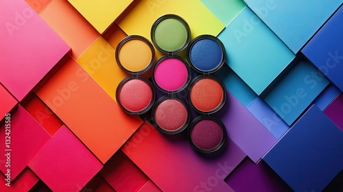 A vibrant rainbow of eyeshadow hues, arranged in a geometric pattern on a backdrop of bold, geometric shapes, ready to transform your look.