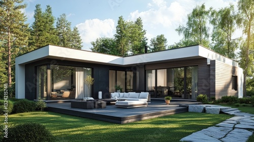 A contemporary L-shaped house featuring a 160 sq. m. design, including 3 bedrooms, 2 bathrooms, and a stylish modern kitchen.