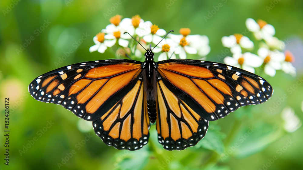 Fototapeta premium Butterfly on white flower with green background
