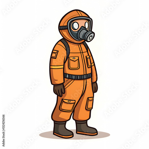 Stylized Cartoon Character Wearing Bright Orange Hazmat Protective Suit and Gas Mask | Vector Mascot Logo for Posters, T-Shirts, and Clip Art Designs photo