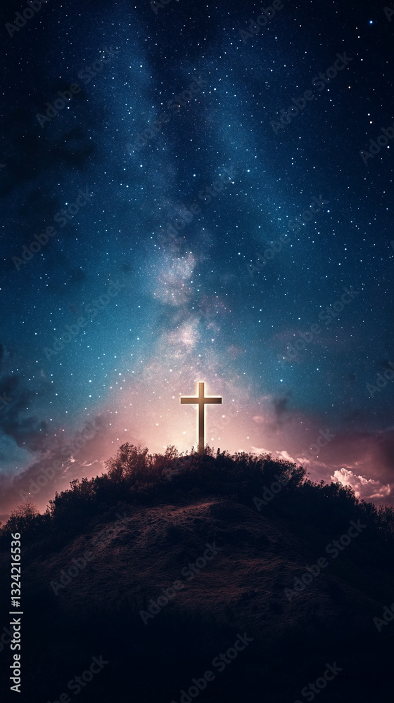 Obraz premium Serene Spiritual Landscape With a Golden Cross Under the Night Sky