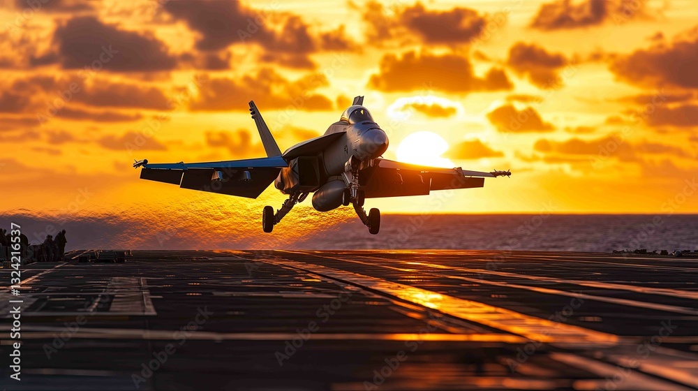 Fototapeta premium Fighter jet landing at sunset with orange sky and large setting sun after a combat mission. Tornado Fighter Bomber