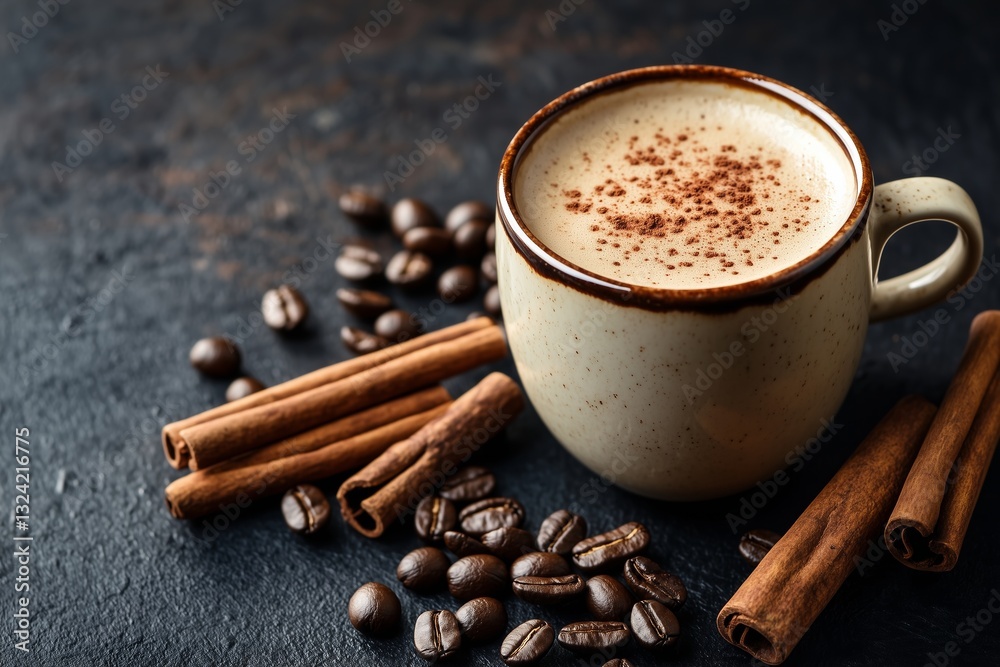 Fototapeta premium Cup of hot coffee with cinnamon sticks and roasted beans on dark textured background, copy space