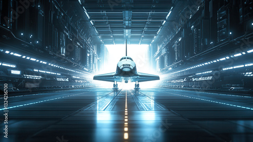 Space shuttle launch preparation aerospace hangar digital art futuristic environment eye-level view cutting-edge engineering