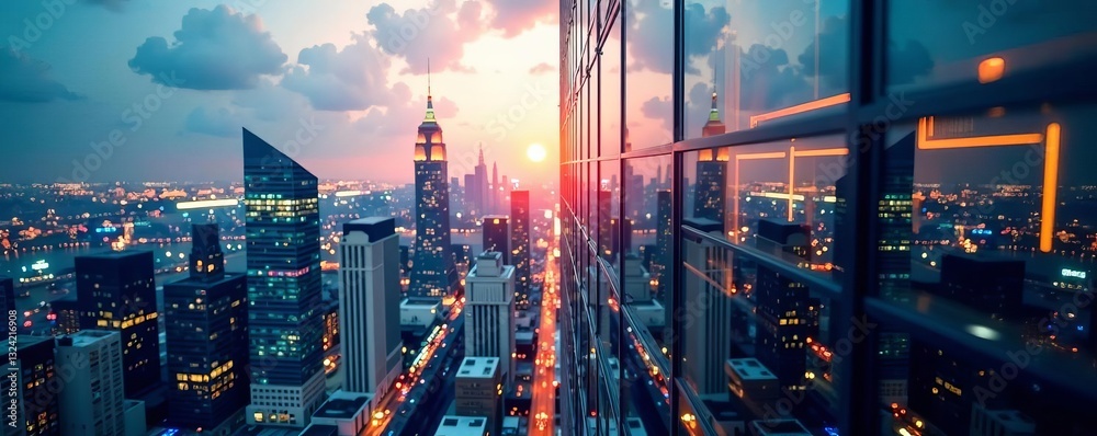 Fototapeta premium Glass exterior of a financial tower reflecting the city below, corporate, corporate, cityscape